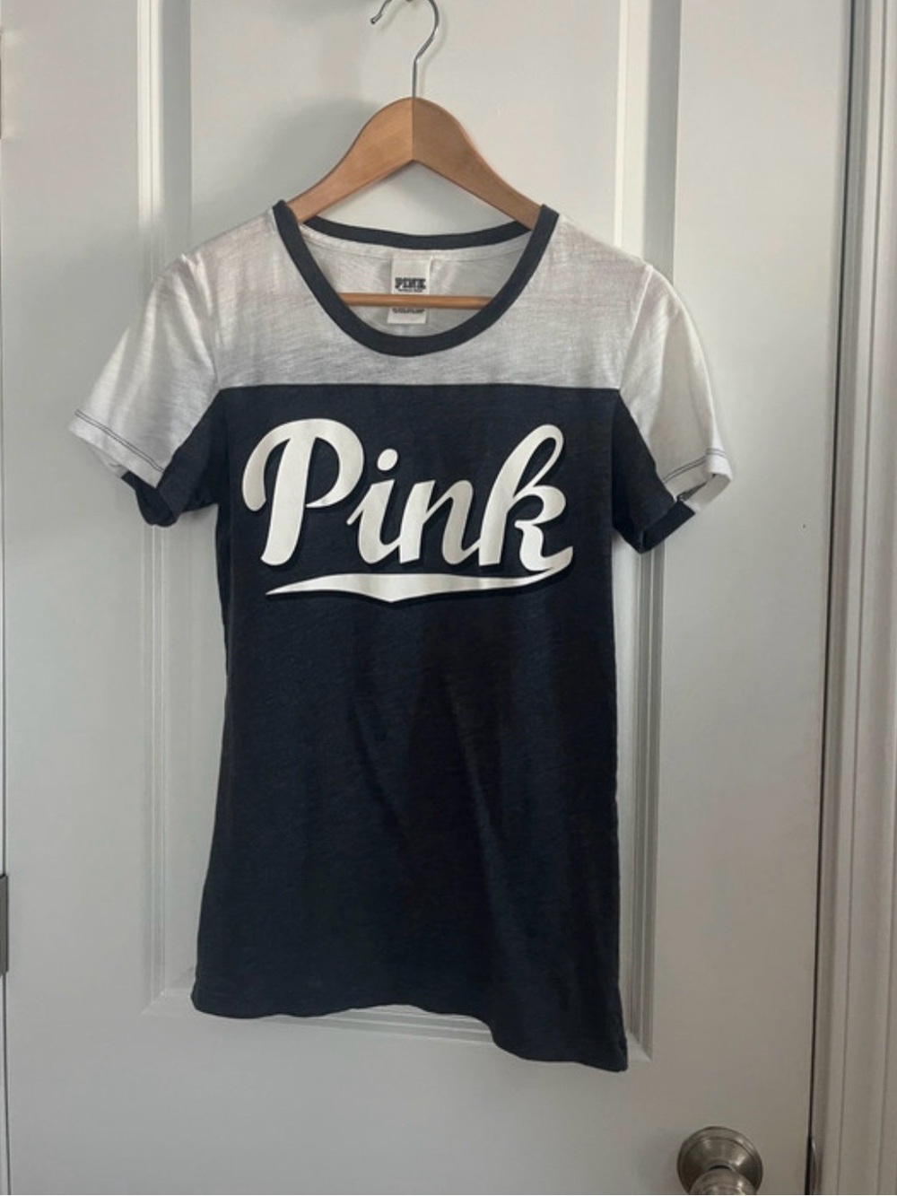 Victoria's Secret PINK White and Navy Striped Crew Tee